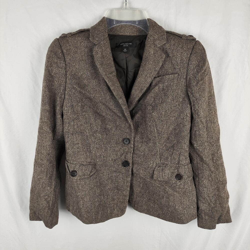 Ann Taylor Blazer Womens 0P Brown Petite Herringbone Tweed Two Button Lined